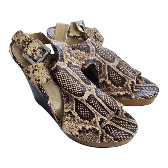 Michael Kors Wedge Heels 9.5M Brown Snake Print Leather Slingback Comfy - Picture 2 of 14